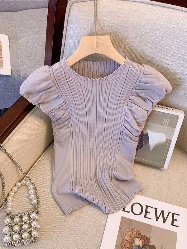 

Ice Silk Knitted Short Sleeve T-Shirt Women's Summer New Design Slim Fit Stylish Short Style Top Commute Style Polyester Fiber