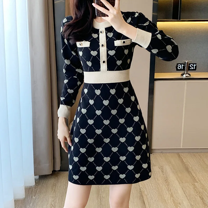 #0962 Black Plaid Kntted Mini Dress Round Neck Buttons High Waisted Vintage Short Vintage Sweater Dress Women Elegant Autumn2023