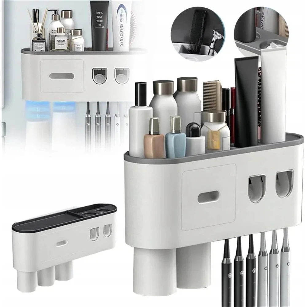 Magnetischer Automatischer Zahnpastaspender mit Zahnbürstenhalter & Bechern für das Badezimmer