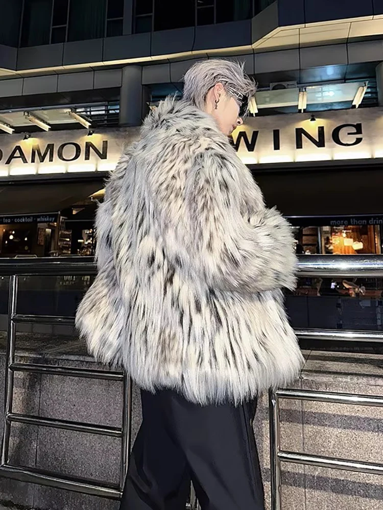 

Mauroicardi Autumn Winter Cool Thick Warm Hairy Colorful Leopard Print Faux Fox Fur Coat Men Luxury Designer Fluffy Jacket 2025