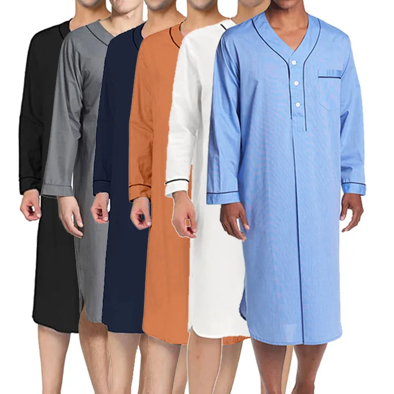 Men's Long Sleeve V-neck Pajamas Lounge Homewear Loose Solid Color Pajamas Nightgown Male Nightshirts Sleepwear Plus Size S-3XL