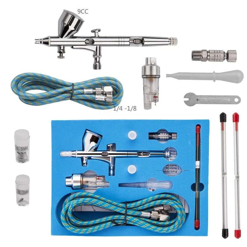 Portable Dual Action Airbrush Air Compressor Kit 0.2mm 0.3mm 0.5mm Needles & Nozzles Craft Cake Paint Art Spray Gun Set