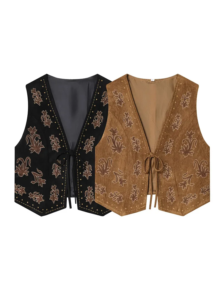 

HH Women 2025 Autumn Fashion Retro Versatile Embroidered Velvet Texture Effect Vest Female Elegant V-neck Lace-up Waistcoat