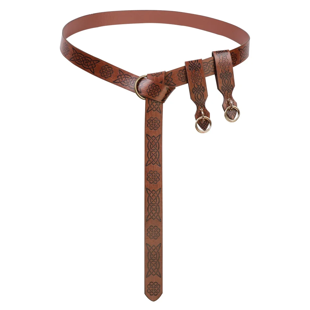 

3pcs medieval PU leather embossed belt clip with gold buckle, Nordic Viking knot and rune design role-playing accessories