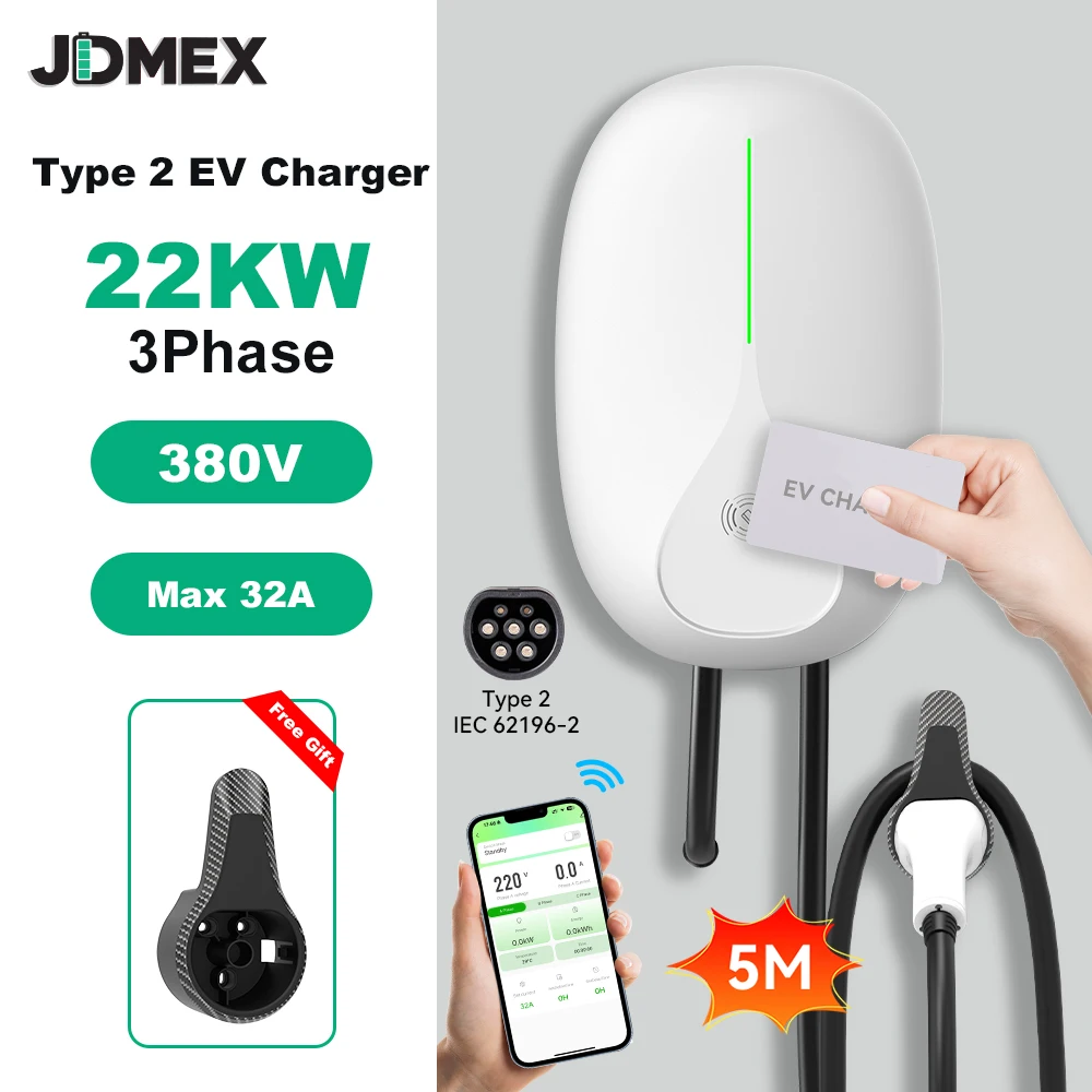 

Зарядная станция JDMEX 22 кВт для электромобилей, Тип 2, 32А, 3 фазы, быстрая зарядка, настенный зарядный блок EVSE с управлением через приложение, кабель 5 м