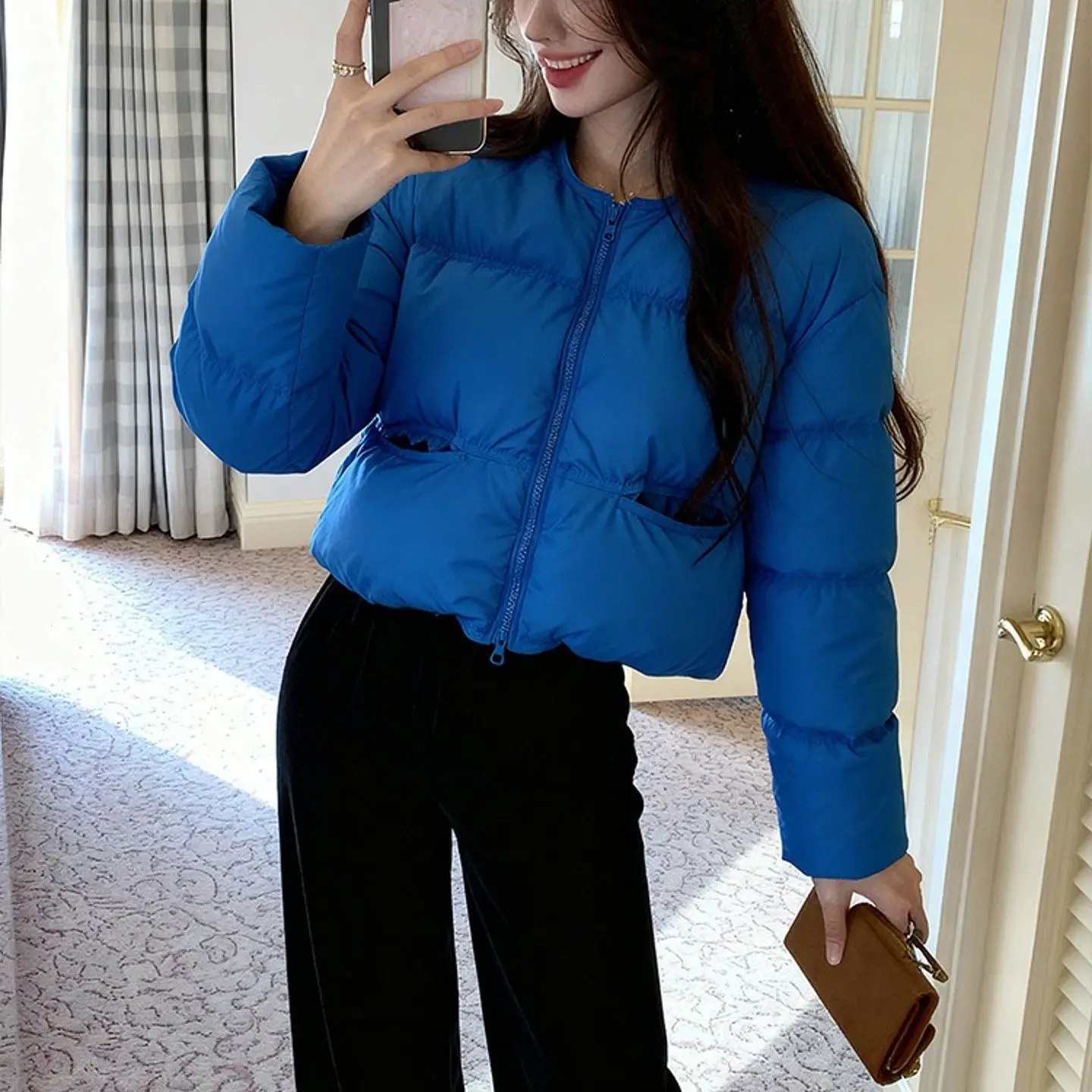 

Blue Women's Short Cotton Jacket Lightweight Thickened Outerwear Stylish Winter Coat Comfortable