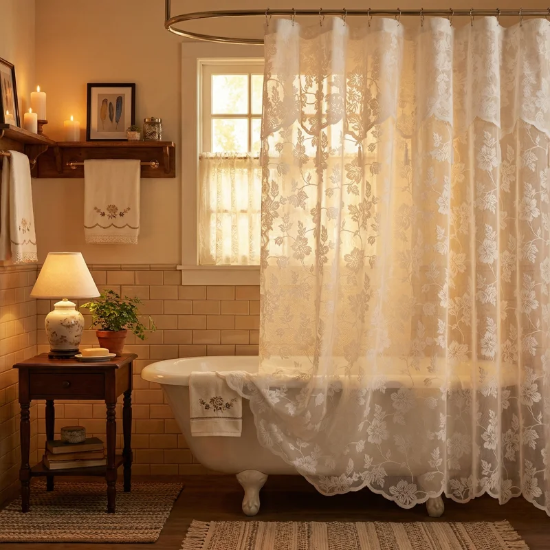 

European Lace Hollow-Out Waterproof Shower Curtain, Polyester Fabric with Wave Edge & Tassels, Decorative Sheer Bathroom Bathtub