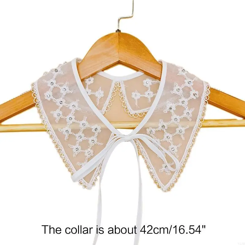 Y5JD Women Sheer Mesh for Doll Detachable Collar Shawl Crystal Beaded Embroidery Diamond Flower Scarf Shiny Sequins Lace Trim