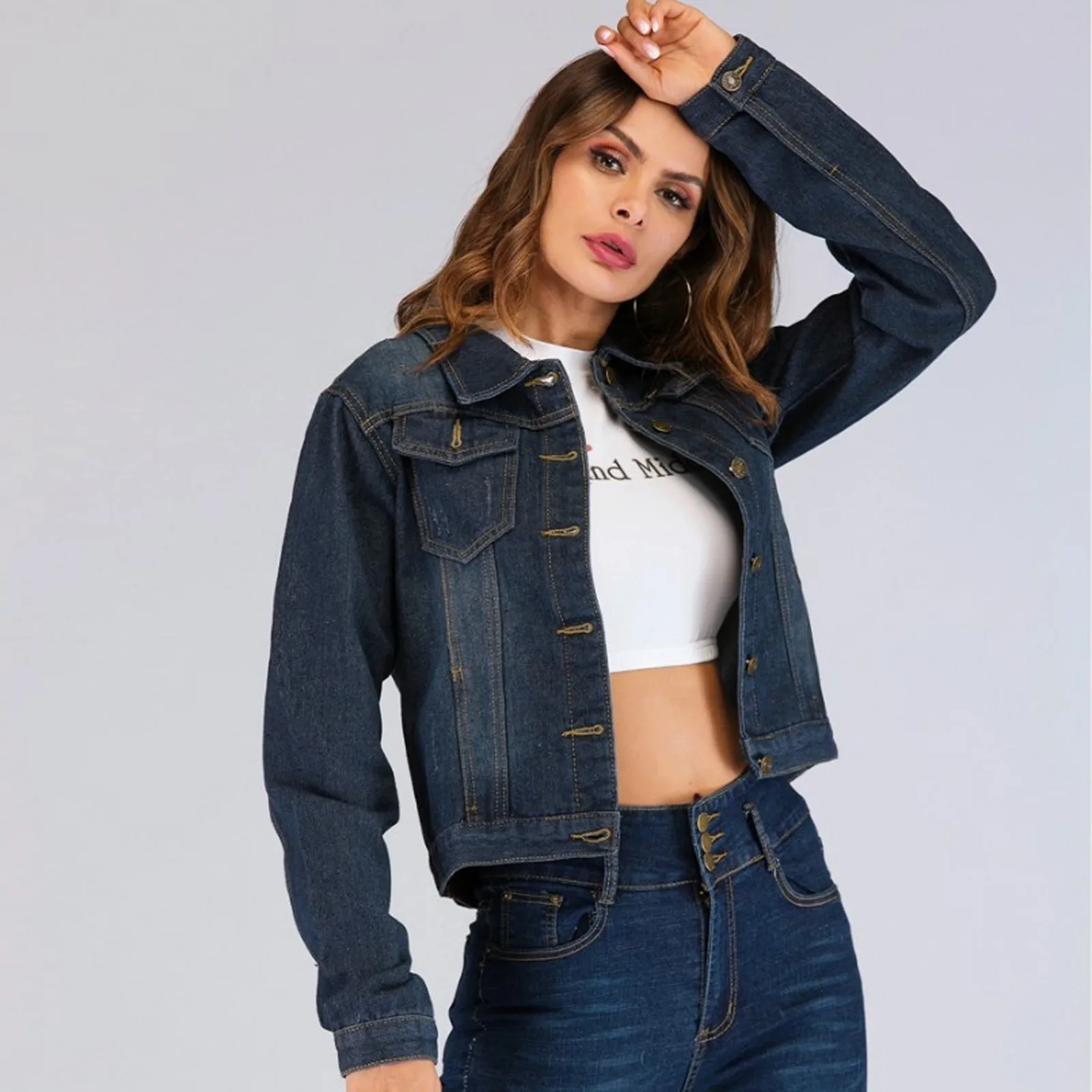 Vintage Blue Women Short Cowboy Jackets Spring Autumn Long Sleeve Lapel Single Breasted Cropped Jeans Outwears Street Jeans Coat