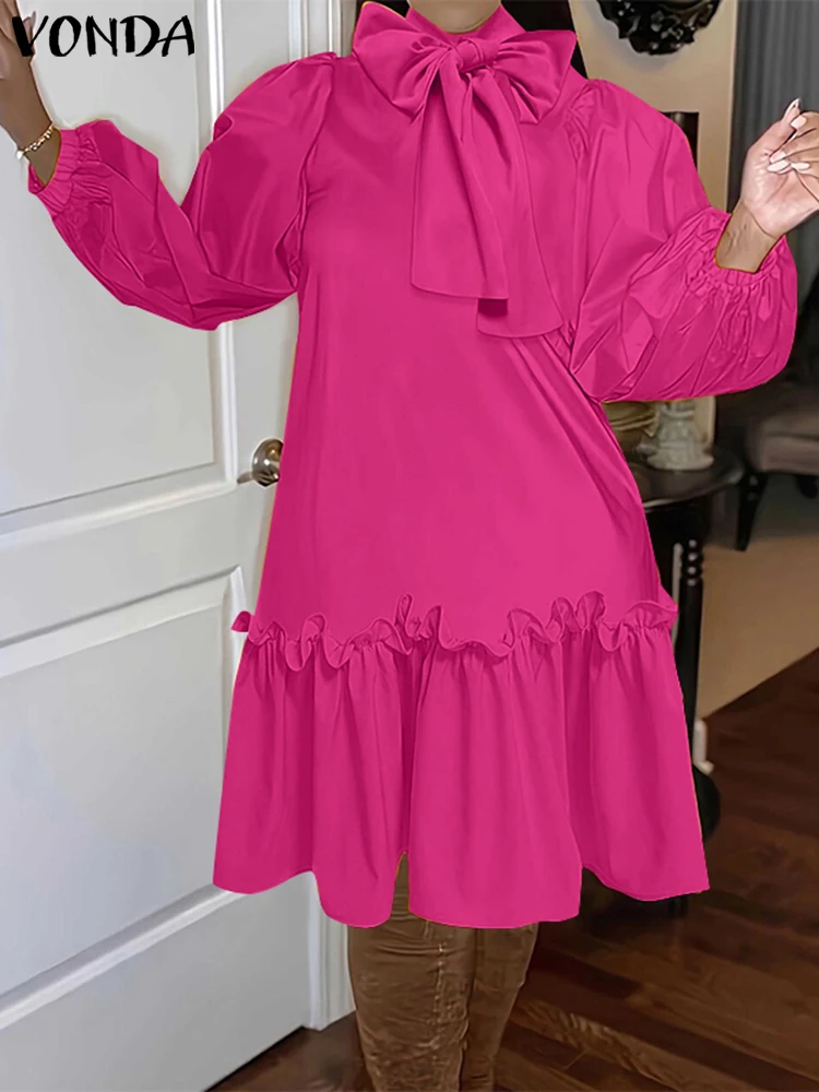 VONDA-Robe longue style bohème pour femmes, grande taille, décontractée, nœud papillon, longueur genou, manches longues lanterne, élégante, couleur unie, col montant, 2024