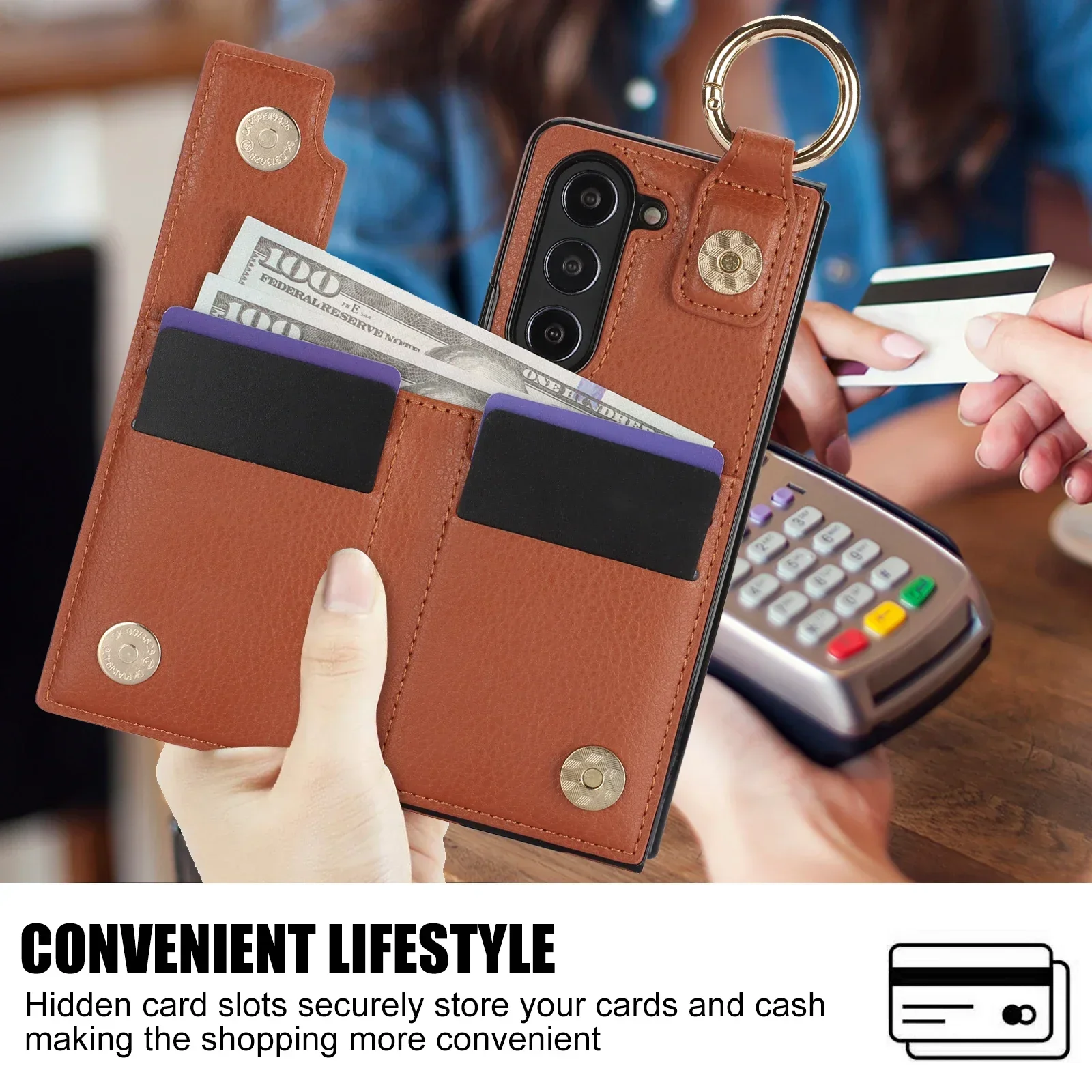 PU Leather Ring Phone Case for Samsung Galaxy Z Fold 7 6 5 4 3 Fold5 Fold4 Fold3 5G Wallet with Pen Holder & Card Slot (No Pen)