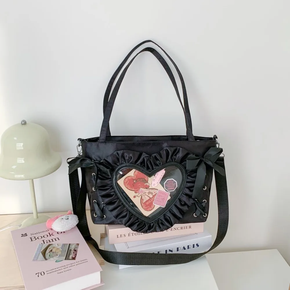 

Casual Lace-up Heart Itabag Ribbon PU PVC Transparent Shoulder Bag Nylon Solid Color Anime Tote Bag Fans Supplies