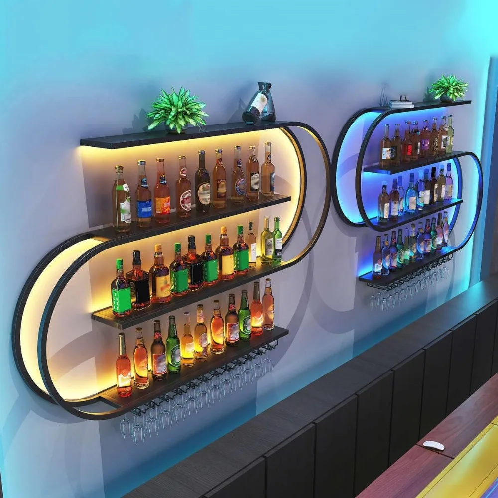 Rak Anggur Terpasang Di Dinding 78 Inci, Rak Bar Mengambang 4 Tingkat, Rak Penyimpanan Pajangan Botol Logam Industri, untuk Rumah