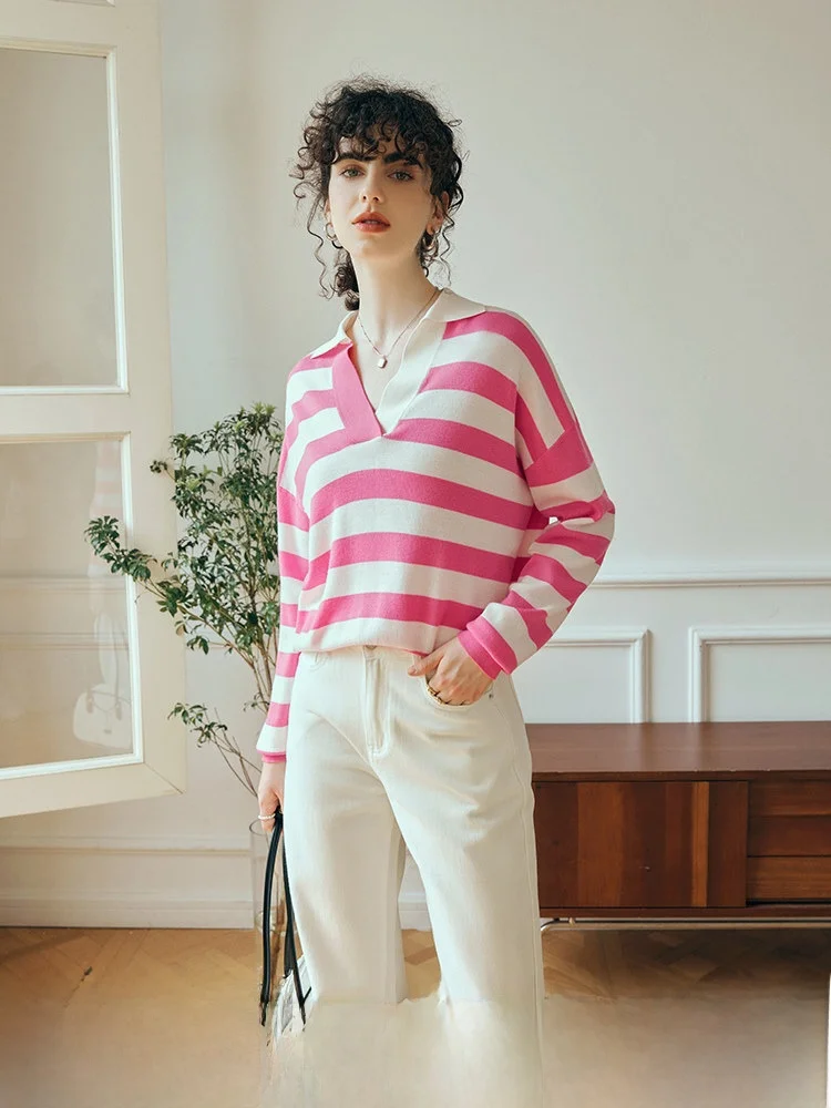 

Женский вязаный свитер свободного кроя с длинными рукавами, в полоску, с открытыми плечами, простой, элегантный, антивозрастной топ