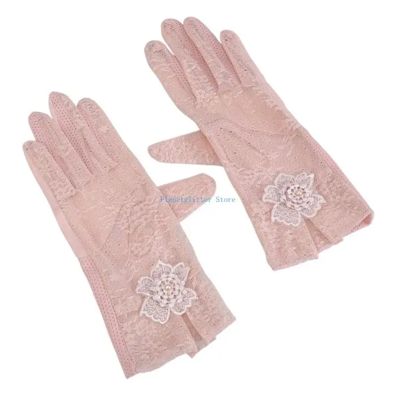 

652B Sexy Transparent Floral Decor Gloves Elastic Bridal Etiquette Wrist Length Touchscreen Gloves See Through Lace Gloves
