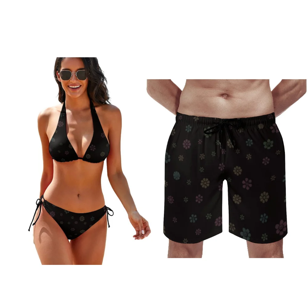 Summer Style Beach Couple Outfits With Floral Patterns Personalized Custom Bikini Beach Pants Lightweight Fabric Couple Swimsuit