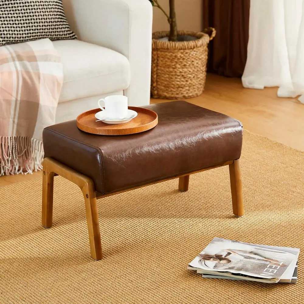 

Ottoman Bench, Modern Coffee Leatherette Stool with Walnut Rubberwood Legs for Living Room, Bedroom
