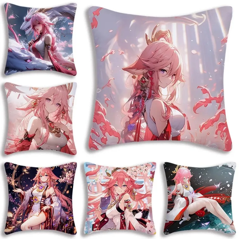 Pillow Covers Cartoon Yae Miko Genshin Impact Sofa Decorative Home  Printing  Cute Cushion Cover