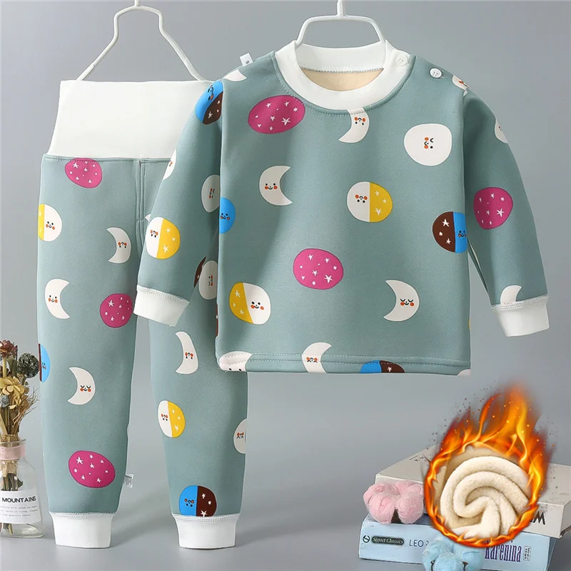 Cartoon Print Pattern Children Thermal Underwear Set Boys Girls Winter Velvet Thicken Bottoming Top Baby High Waist Autumn Pants