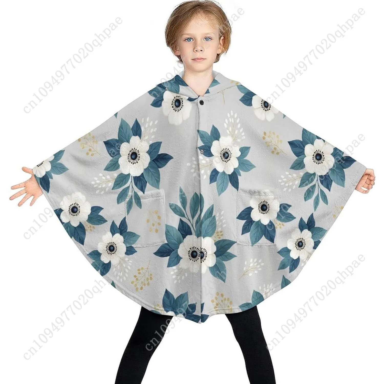 居心地の良いフランネルブランケットセーター、花柄の白い特大パーカー、子供とティーンエイジャー向けのポケット付き