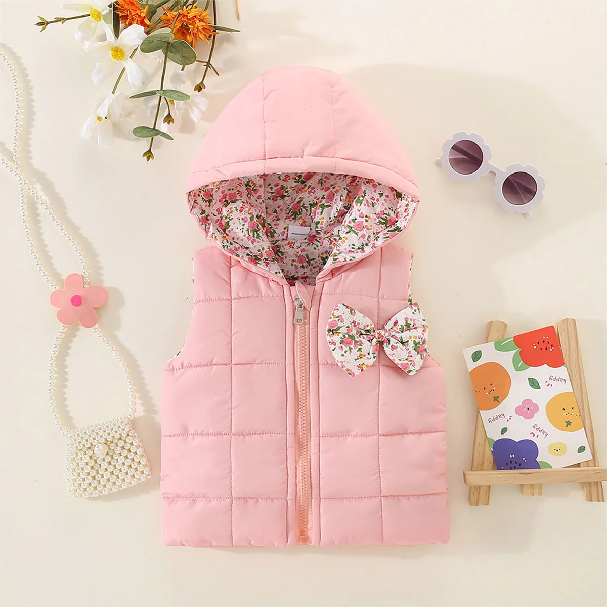 Autumn And Winter Girls\' Cotton Vest Cartoon Clip Solid Hooded Sweet Bow Zipper Warm Coat