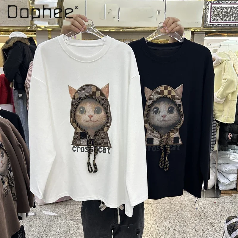 

Spring and Autumn Pullover Crew Neck Cat Embroidered Mid Length T-Shirt Women's Long Sleeve Thickened Versatile Bottom Top