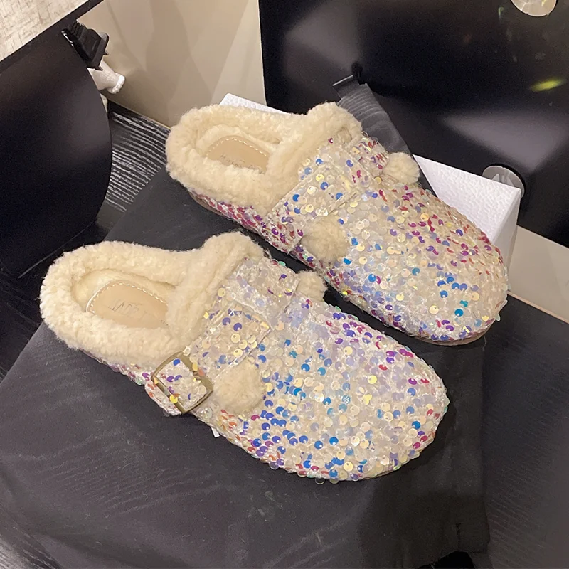 بلينغ النساء النعال الشقق البغال أحذية فاخرة بدعة أحذية قطنية 2025 شتاء جديد المنزل الوجه يتخبط فستان مريح Mujer Zapatos