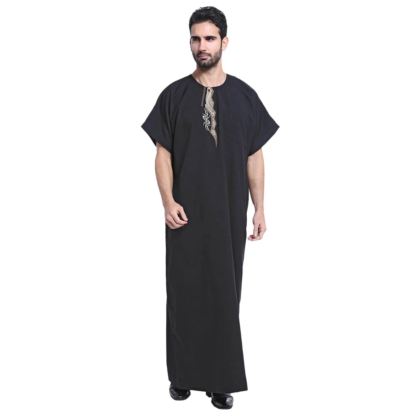 Men's Casual Muslim Arab Middle Solid Color Round Neck Short Sleeve Robe Buckle Dress Shirts for Men Traditional men's robe