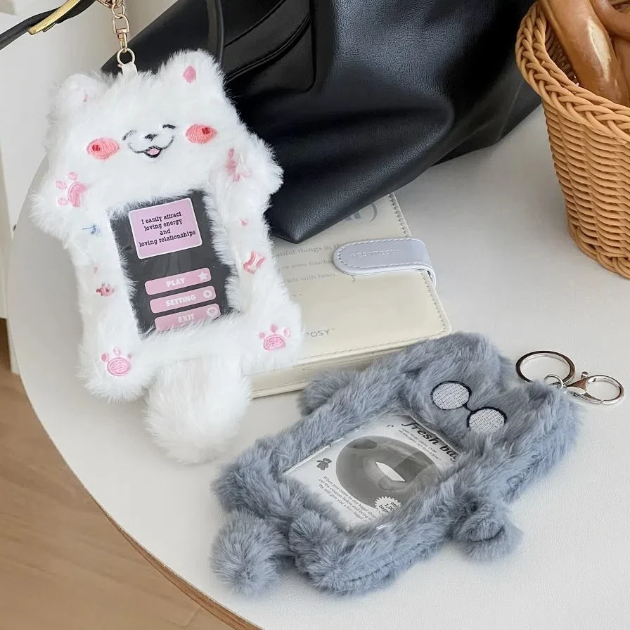 Kawaii Cat Cartoon Plush Photocard Holder Korean Style INS Idol Photo Sleeve Dog with Tail Puppy ID Card Cover Student