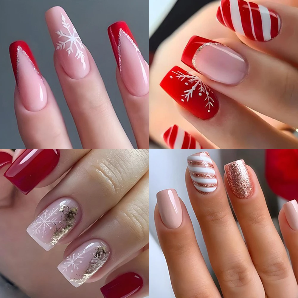 24pcs Christmas Fake Nails Xmas Design Acrylic Press On Nails Short Snowflake False Finger Nails Full Cover Tips Stick On