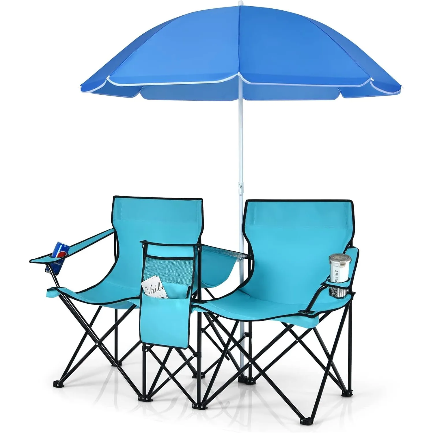 

Double Portable Picnic Folding w/Detachable Umbrella, Cooler Bag, Cup Holders, Patio Beach Chairs for Outdoors Camping Furniture