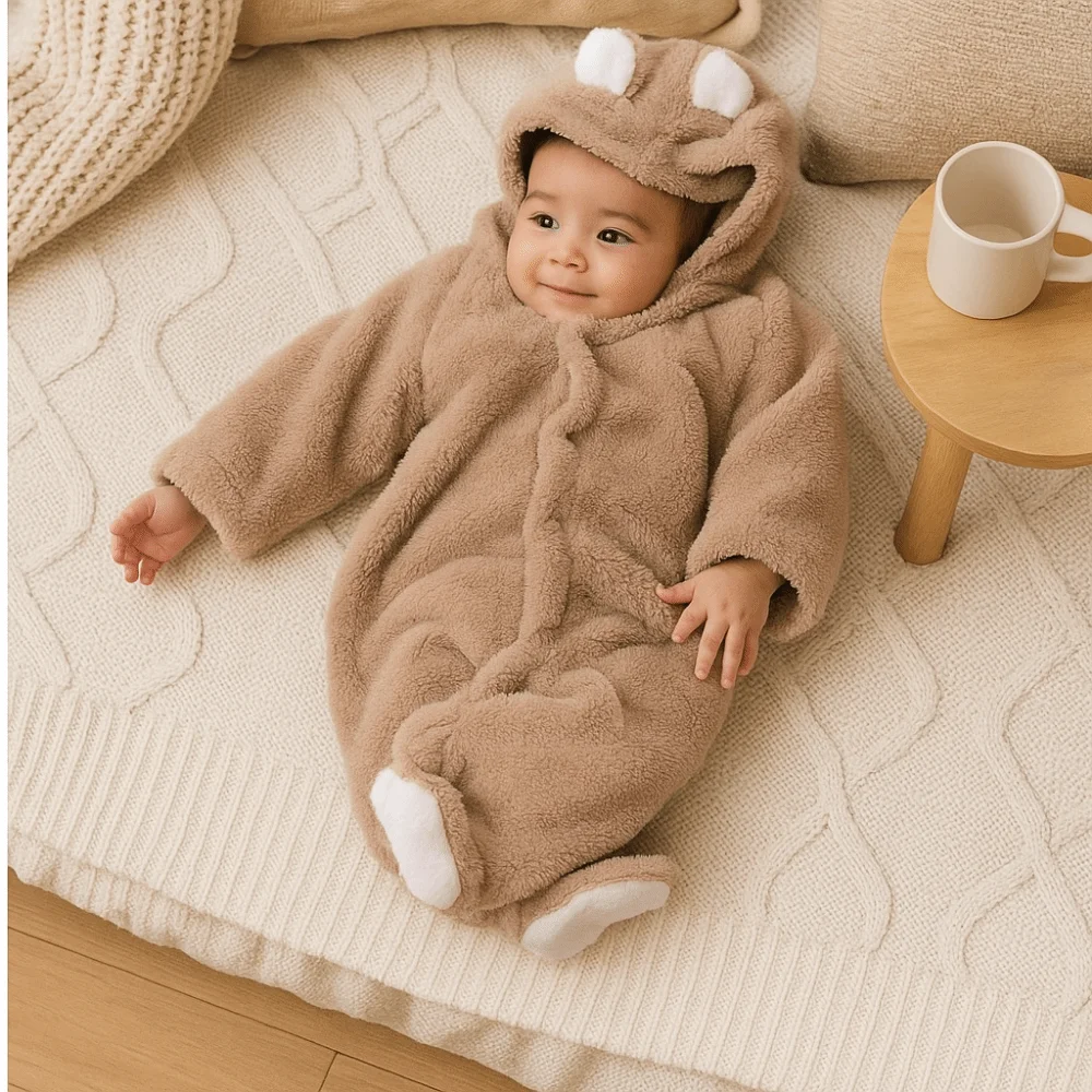 Cute Warm Baby Jumpsuits Long Sleeve 3-6 Months Infant Rompers Hooded Newborn Onesie Homewear