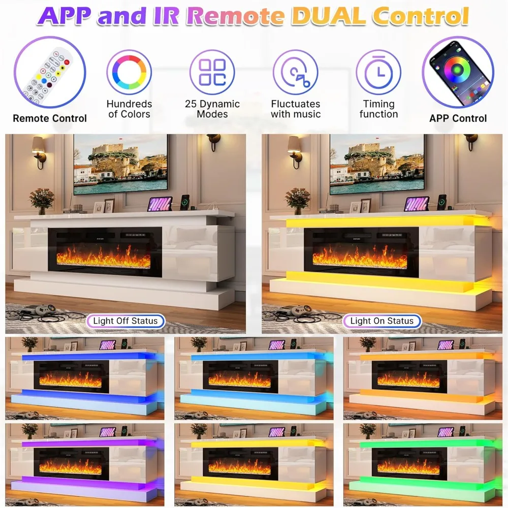 حامل تلفزيون مدفأة 71 بوصة مع مخرج طاقة مدفأة 40 بوصة لتلفزيون 85/80/75 بوصة، وحدة تحكم تلفزيون حديثة لامعة عالية الألعاب #4