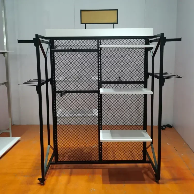 Customized Metal & Wood Foldable Clothes Display Rack Personalized Hanging Clothing Shelf For Store Use