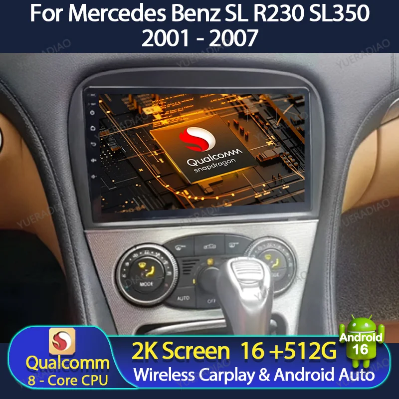 Android 16 Car Radio For Mercedes SL R230 SL350 SL500 SL55 SL600 SL65 2001 - 2007 NAVI GPS Multimedia Video Player WIFI+4G QLED