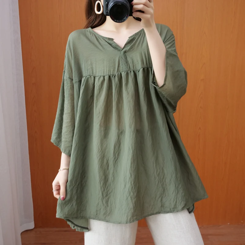 

Женская футболка большого размера из хлопка и льна в стиле пэчворк Batwing Sve V-Ne, нижний льняной топ средней длины на животе, большие размеры Faion