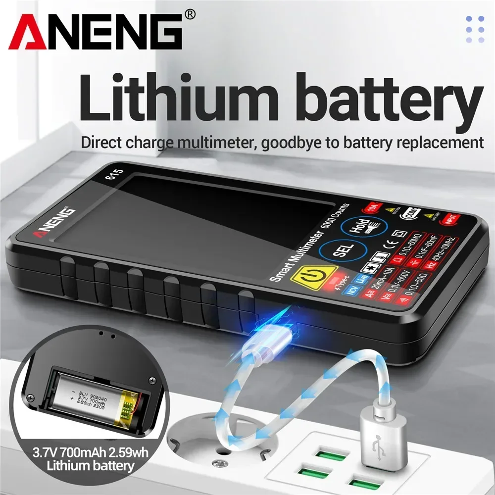 ANENG 615 Touch Screen Digital Multimeter 6000 Count VA Reverse Display USB Rechargeable NCV Temperature 60MHz Frequency Tester