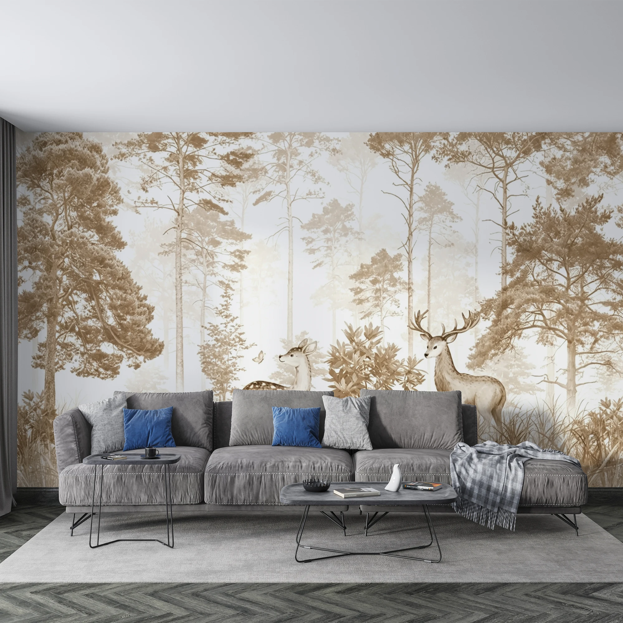 Custom 3D Rustic Forest Deer Wall Mural Sepia Tone Pine Tree  Wallpaper For Living Room Bedroom Vintage Nature Home Wall Decor