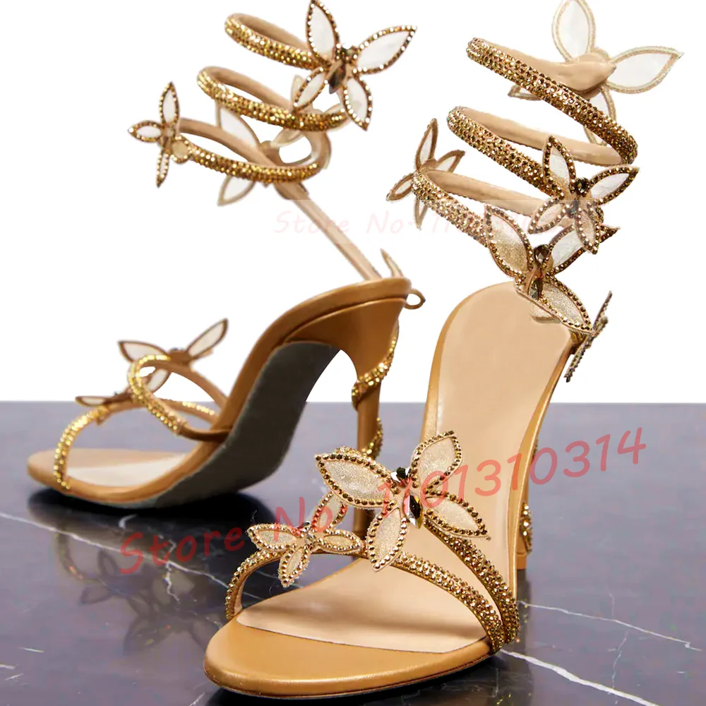 Crystal Butterfly Wrap Sandals With High Heels Women New Sparkly Elegant Snake Strap Long Shoes Lady Luxury Design Bling Sandals