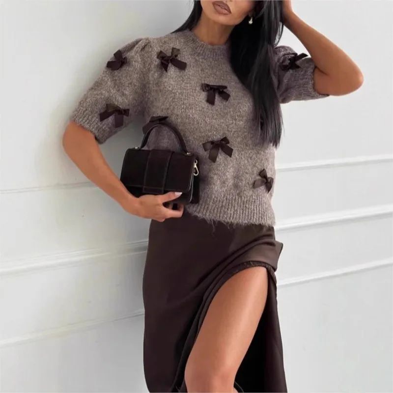 

Vintage Casual 2 Piece Set Autumn Winter New Women's O-neck Bow Knit PulloversTop & Skirts Set Mid-long-sleeved Commute Outfit