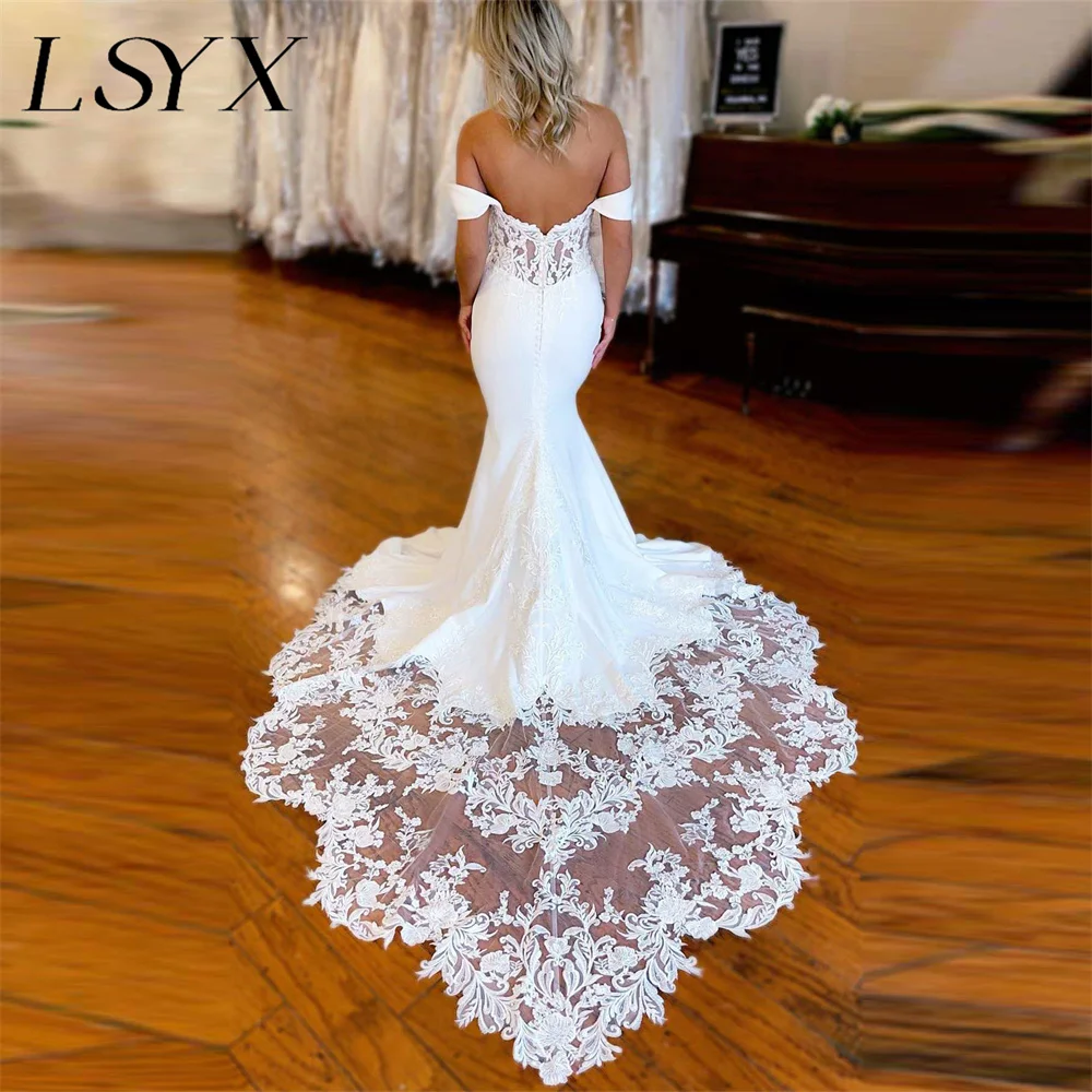 LSYX elegante abito da sposa a sirena con scollo a cuore con spalle scoperte 2024 Illusion Back Lace Court Train abito da sposa su misura