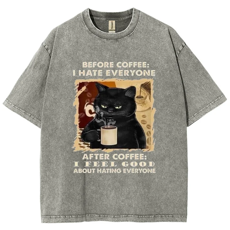 Black Lucky Cat Drinking Coffee Print Unisex T-Shirt Loose Plus Size Oversized Short Sleeve American Vintage Harajuku High Stree