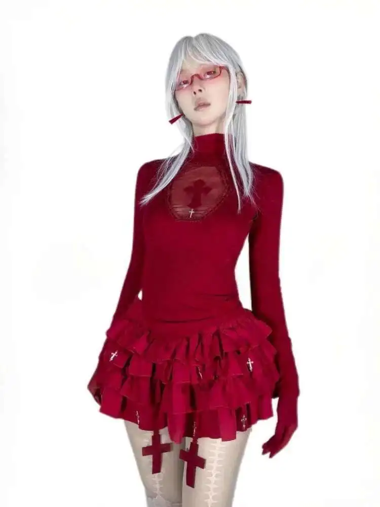 High Neck Schwarz Gothic Tees Kreuz Hohl Abnehmen Unten Gestricktes Hemd Frauen Halloween Sexy Y2k T-shirt Frauen Tops BCS4