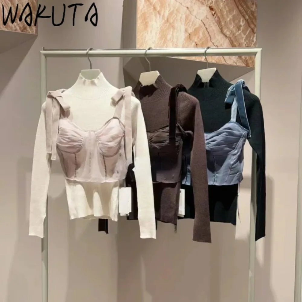 Wakuta Sweet Sling Fresh Tube Top Sets Vest+knit Long Sleeve Half-high Collar Casual Pullovers Japan Moda Elegant Suit Tops