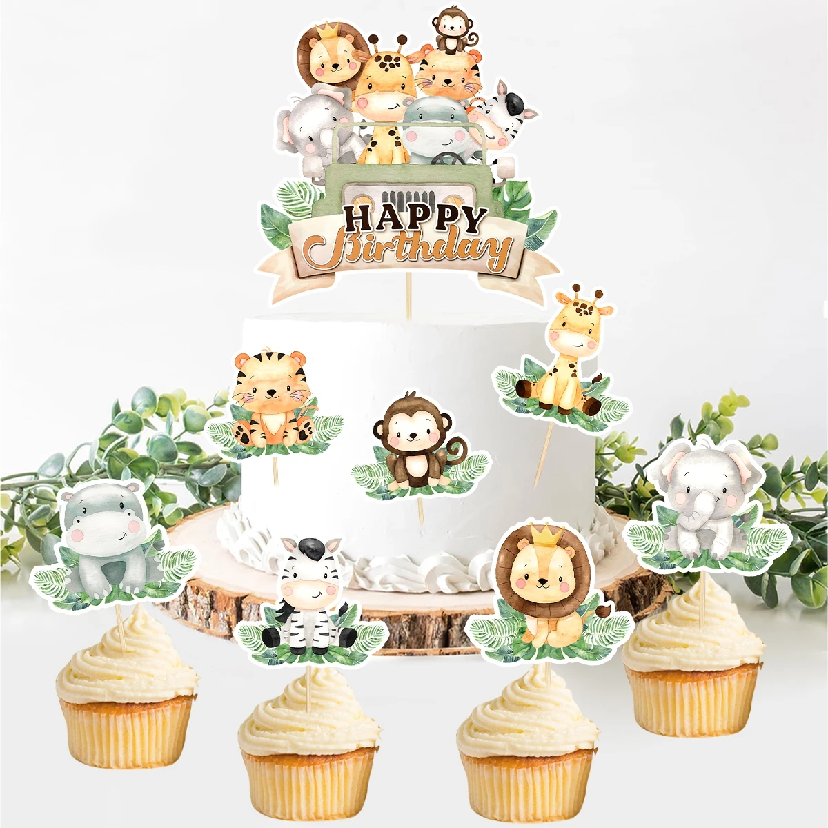 8 Stück Dschungeltier-Kuchenaufsätze Löwe Tiger Cupcake-Topper für 1. Geburtstag Safari-Themenparty Dekorationszubehör
