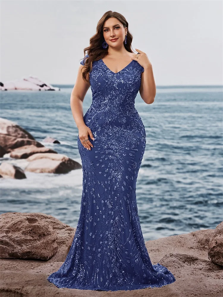 

Plus Size Elegant Sequin Formal Evening Dresss Long Women Mermaid V-neck Prom Luxury Wedding Party Gowns