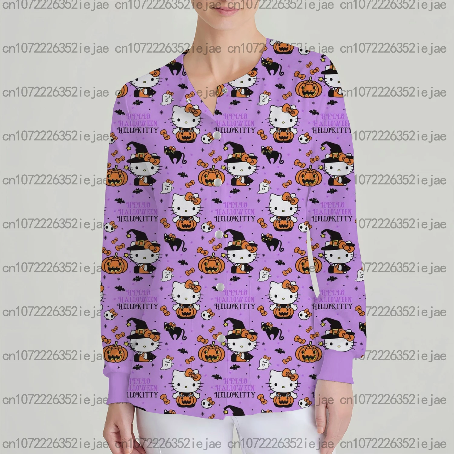 ナース看護ジャケット 秋と冬 暖かいコート 女性用医療スウェットシャツ ハローキティプリント 長袖スクラブトップ ストリートウェア