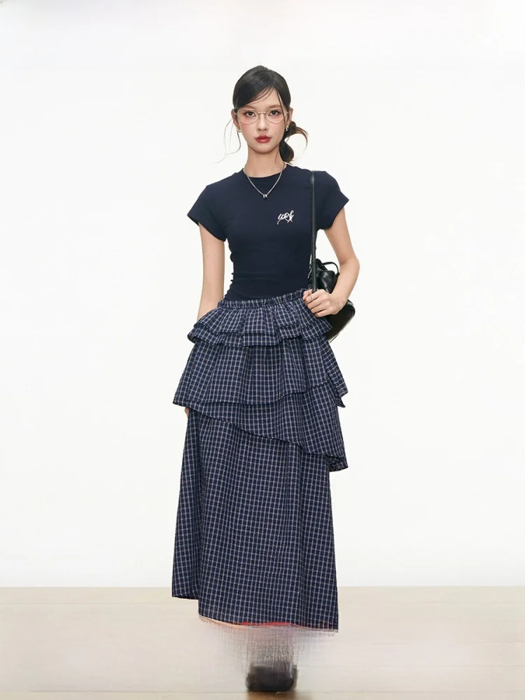 

Westayone Multi-Layer Skirt Design Dress Women's Summer Korean Style Commute Skirt High Waist A-Line Long Dress Cotton Blend