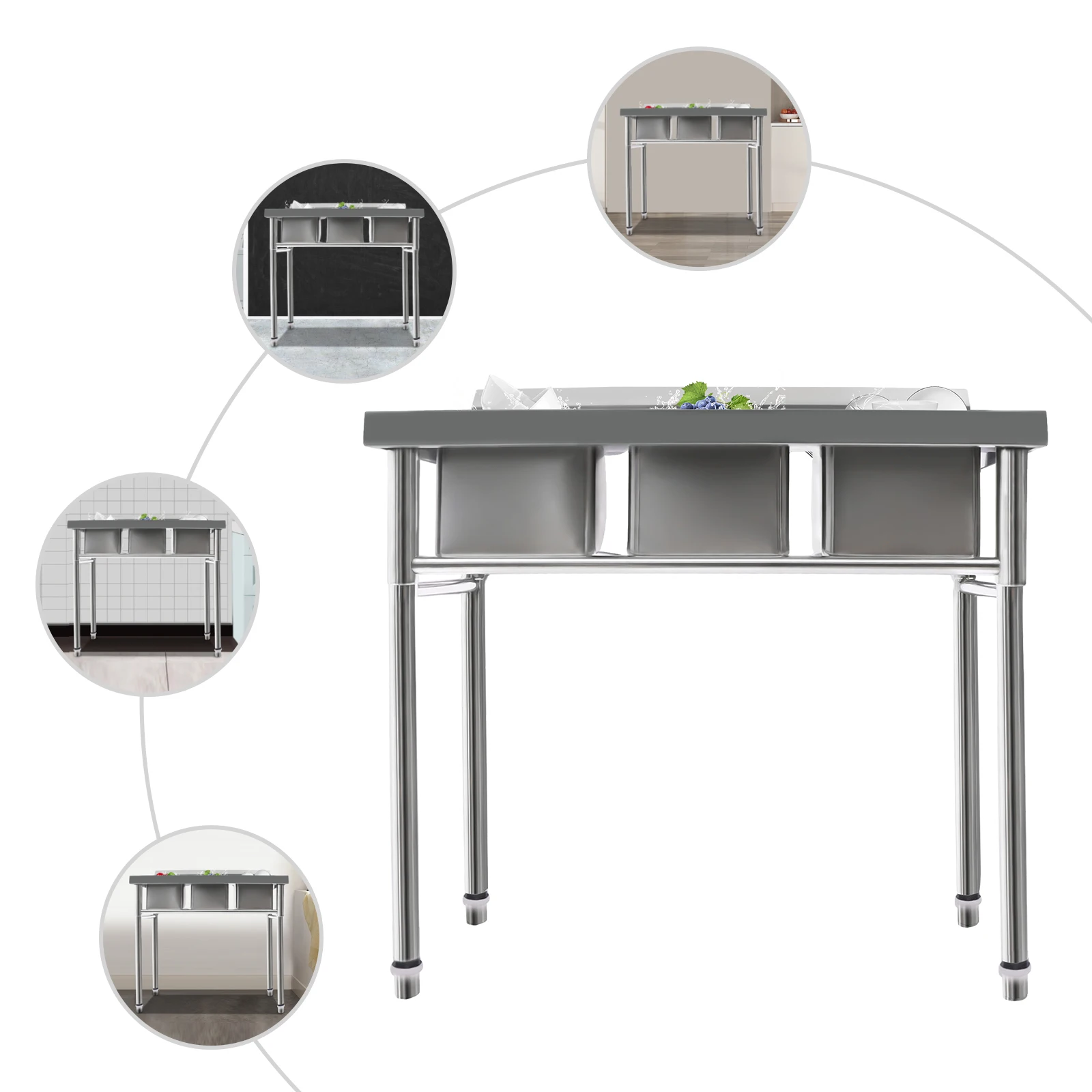 Pia utilitária de 3 compartimentos, tigela tripla independente, pia de cozinha com torneira de água fria e quente, tigela comercial de aço inoxidável