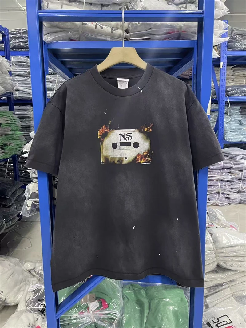 SAINT NaS Letter Printed Tape Recorder Pattern Vintage Washed High Street T-shirt Pure Cotton Loose Round Neck Men Short Sleeved